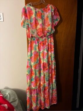 Cynthia Rowley Floral Watercolor Maxi Dress in Pink, Orange & Green